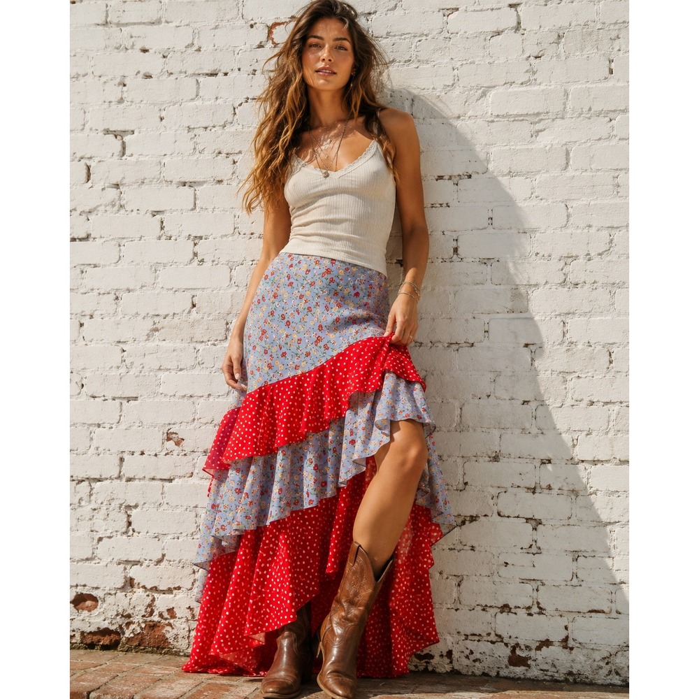 New York & Company Blue Red Floral Polka Dot Ruffle High Low Maxi Skirt XS